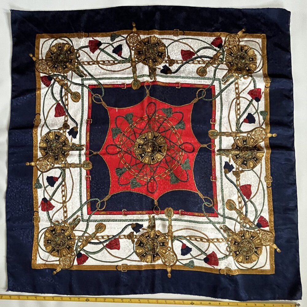 VINTAGE Square Silk Scarf Lion Medallion, Ropes, Tassel Ties, Chains